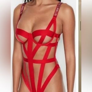 Brand New Victoria Secret Red Bondage Teddy With Crystal Strap